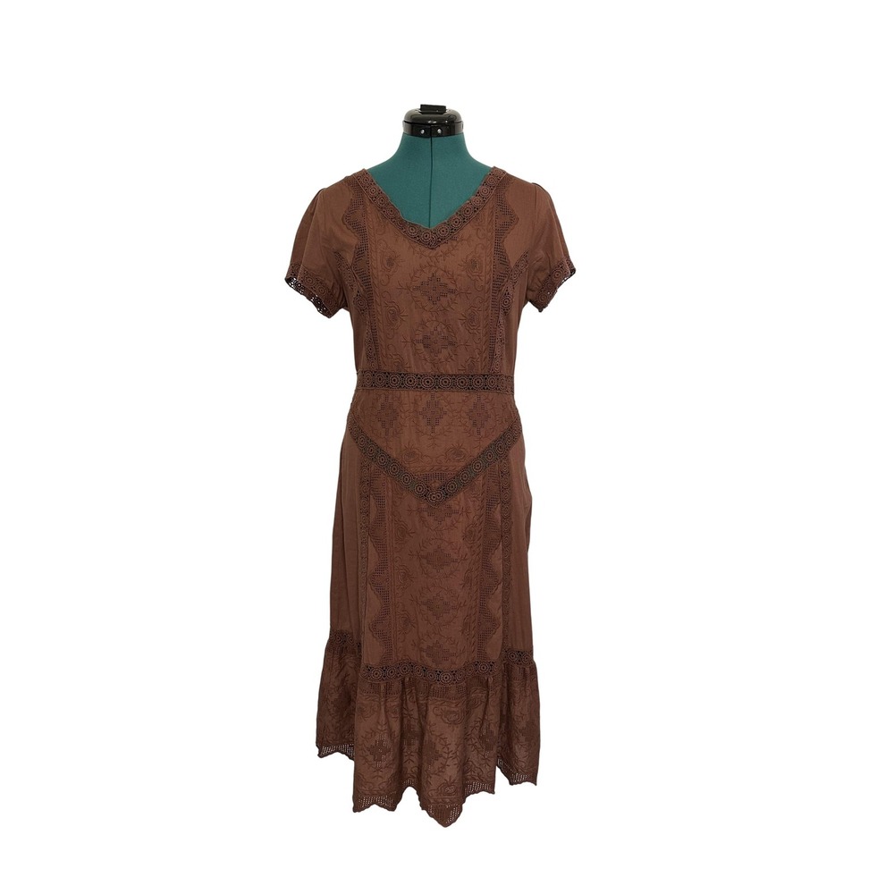 Sundance‎ Dress Womens 2 Brown Boho Embroidered Midi Cotton Lace Prairie Floral